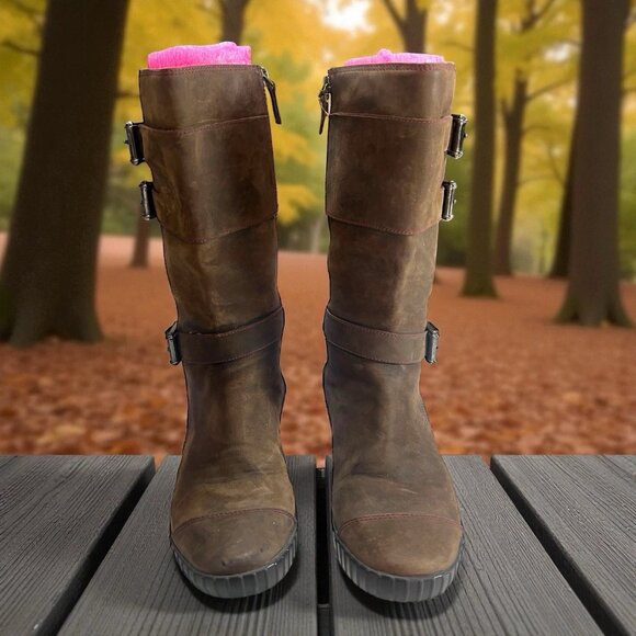 Cole Hann Women’s Leather Tan Waterproof Buckle Zip Air Moto Boots Size 8B - Picture 2 of 5